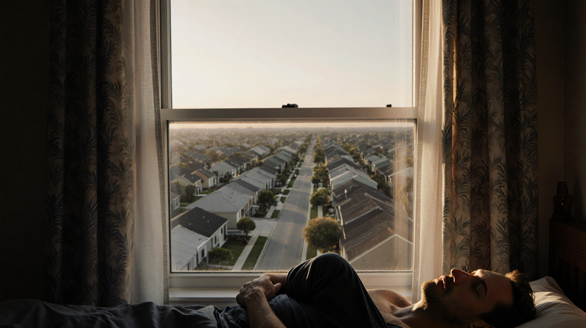 51-year-old Adam the Woo lies on a bed with soft Florida light through an open window and blurred Celebration in background