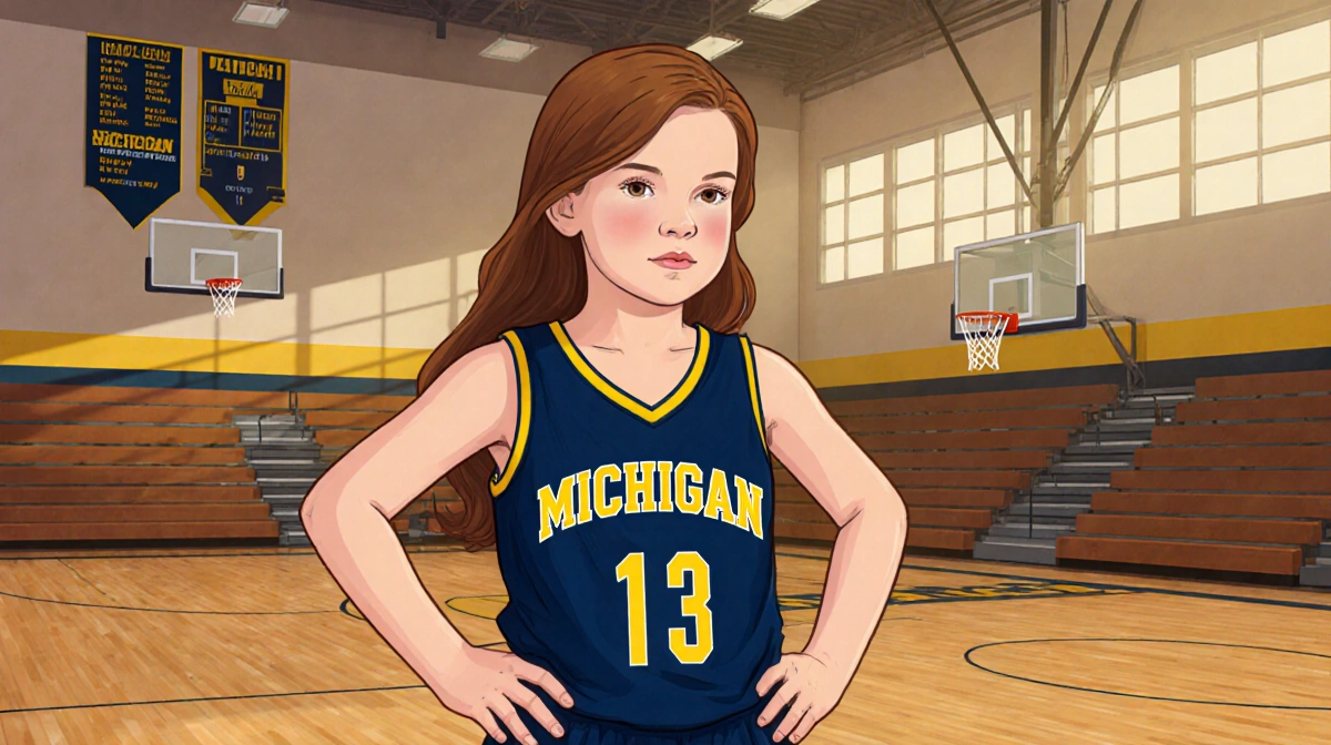 Addison Harbaugh stands confidently on Michigan basketball court with determined expression wearing father's jersey and gym b