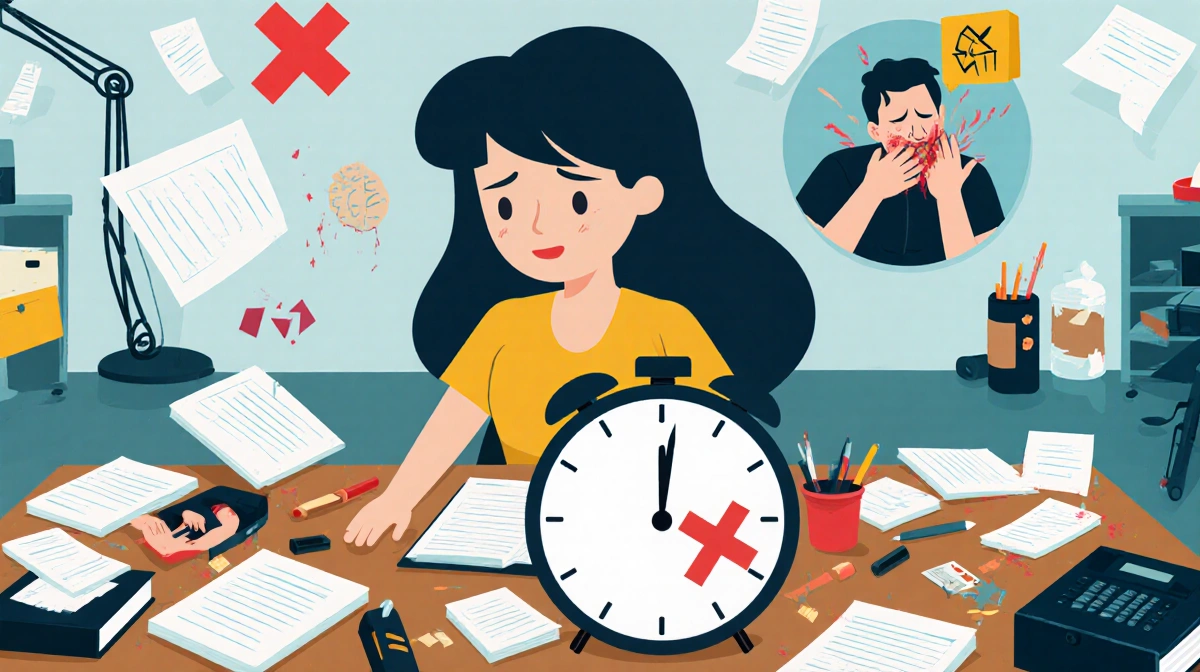 Person sits in cluttered office with ADHD clock and cruelty imagery in background