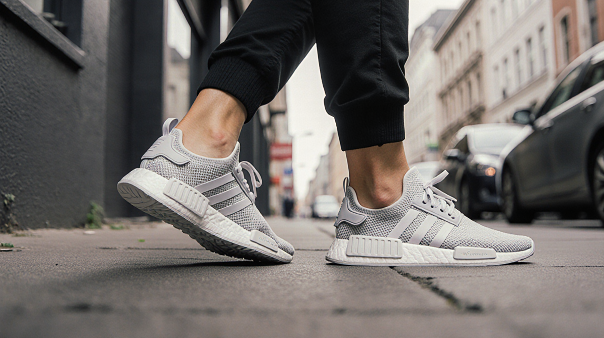 Person stepping forward with Adidas sneakers showcasing relaxed posture and arch support