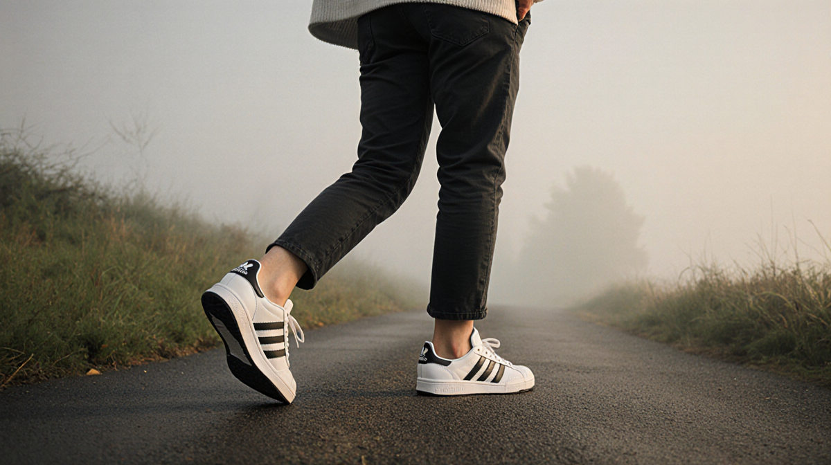 Woman walking down a dawn path with Adidas handball sneakers and misty atmosphere