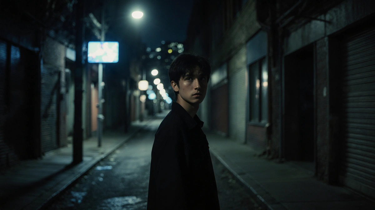Teenager stands in dark alley with flickering streetlights and glowing TV screen showing through window