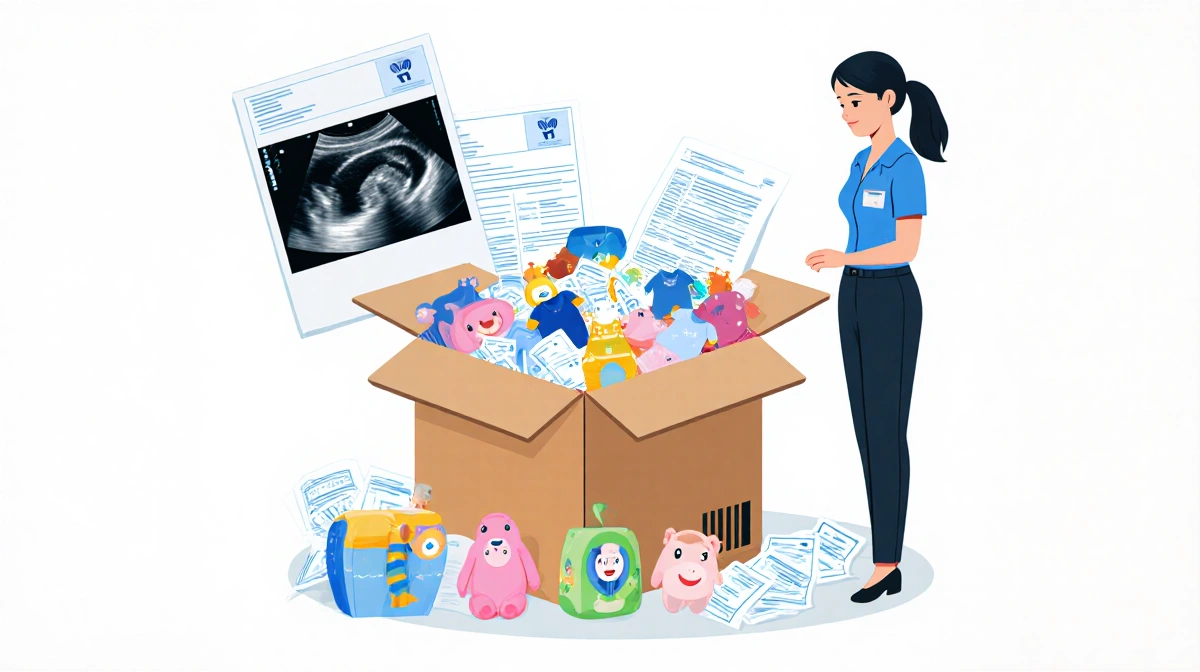 Heidi Paniagua stands beside overflowing baby box with diapers and medical bills with adoption paperwork visible behind