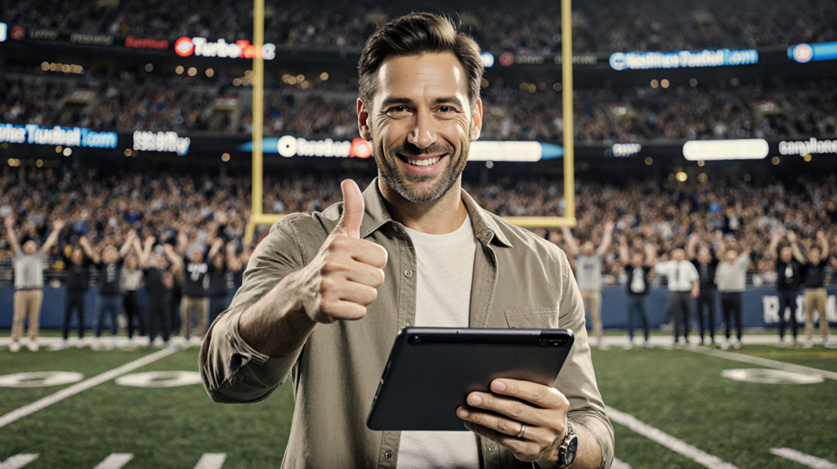 Adrien Brody giving thumbs up on a football field with a tablet bearing a TurboTax logo and a blurred stadium in background.