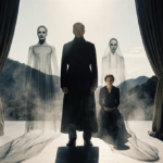 Adrien Brody standing alone on dim stage with eerie ghost shadows and Tessa Thompson seated in a faint spotlight background.