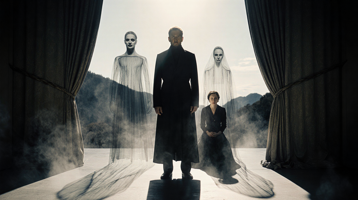 Adrien Brody standing alone on dim stage with eerie ghost shadows and Tessa Thompson seated in a faint spotlight background.