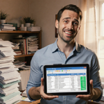 Adrien Brody holding a tablet with tax software beside stacks of tax returns in a cluttered home office