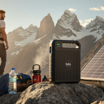 Adventurer stands with Anker Solix C800X portable power station on a rocky outcrop near a solar panel under mountain skies.