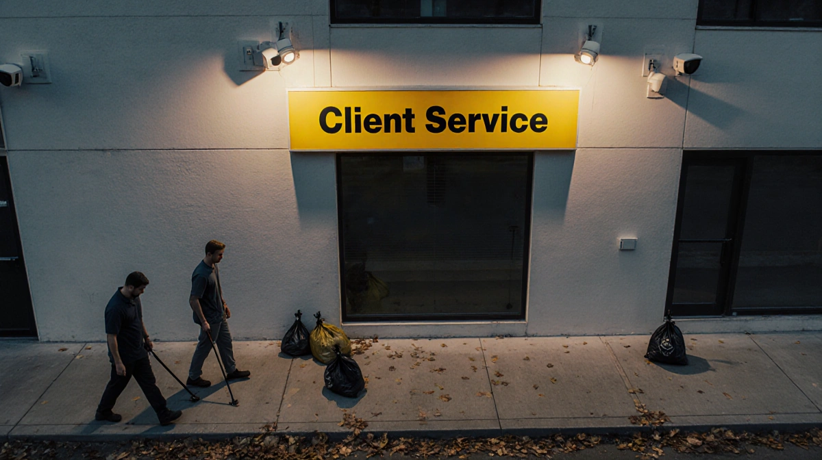 Two staff members inspecting sidewalk with dog waste bags and yellow client service sign on building at dawn