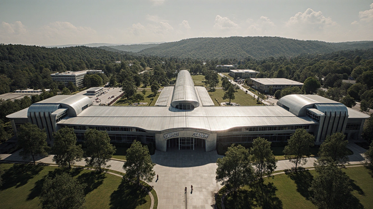 Aerial view shows futuristic campus with gleaming buildings nestled among Alabama hills and green trees