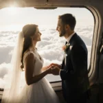 Bride and groom exchange vows at airplane window with clouds visible and pilot