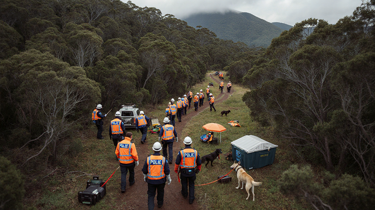 Search teams and police searching wilderness with drones and rescue dogs amid dense forest and hills.