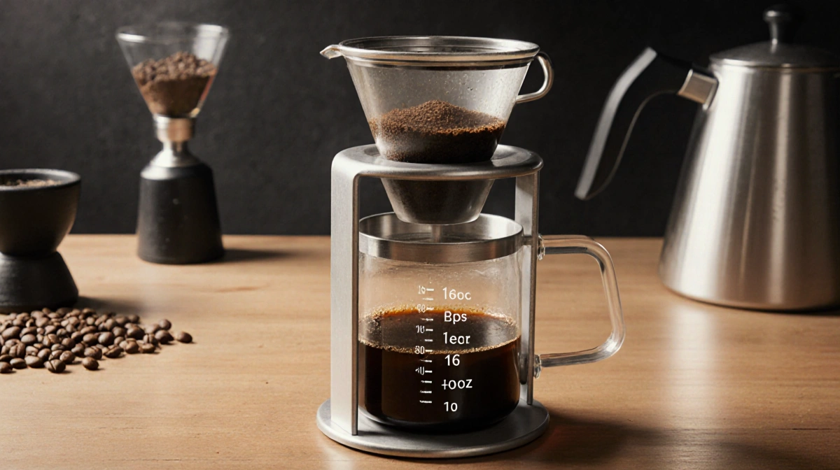 AeroPress brewer sits ready with plunger above coffee grounds and water in stainless steel chamber