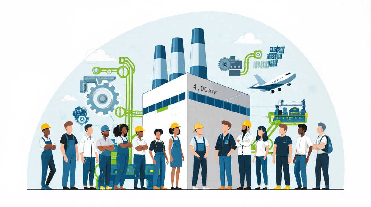 Diverse aerospace workers stand before factory with clean technology and advanced machinery showing 4000 new jobs