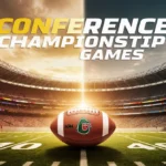 Two football stadiums glow under golden sky with Conference Championship Games title above and illuminated footballs on field