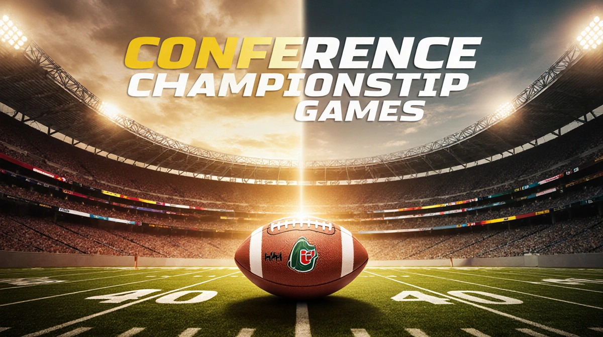Two football stadiums glow under golden sky with Conference Championship Games title above and illuminated footballs on field