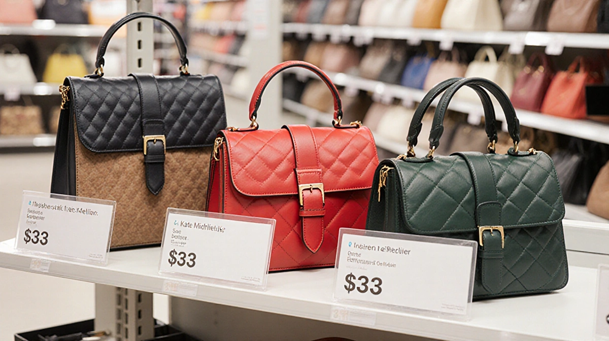 Affordable designer-inspired handbags sit on store shelf with price tags showing and similar styles to Kate Middleton's favor