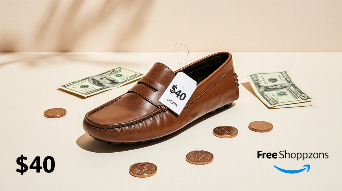 Loafers rest on clean background with $40 cash and Prime logo showing free shipping