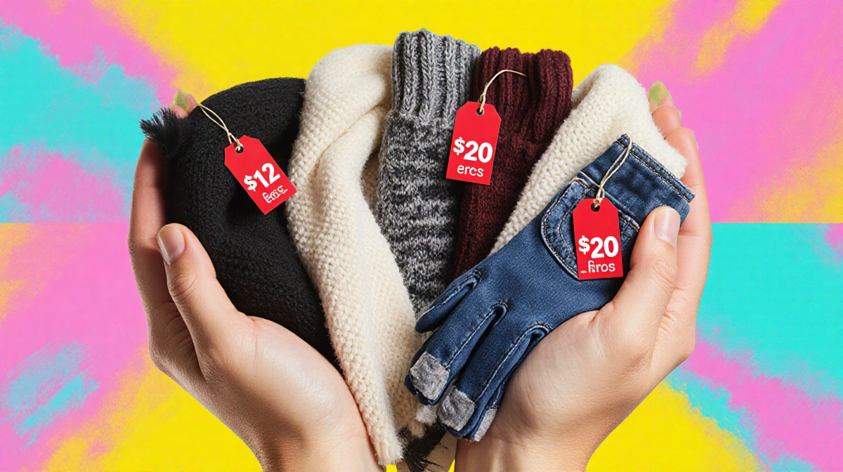 Hands hold up colorful winter scarves and gloves with price tags showing twelve and twenty dollars