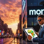 Suit‑clad executive stepping out of a modern building with neon streets and a tablet showing an African map