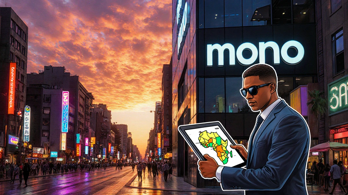 Suit‑clad executive stepping out of a modern building with neon streets and a tablet showing an African map