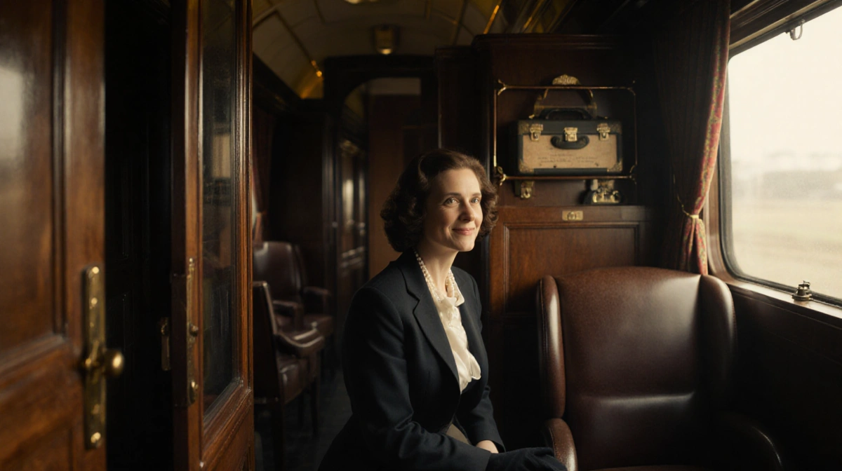 Lady Caterham sits alone in train compartment with vintage luggage and warm golden lighting