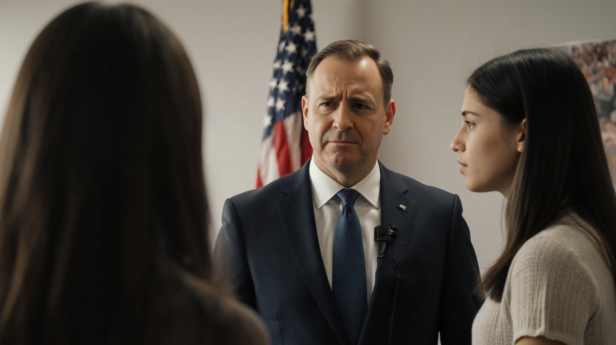 FBI agent speaking with young person in front of American flag with security documents visible showing serious discussion