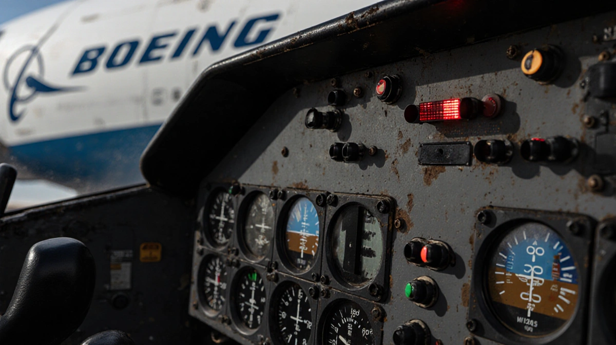 Aging VC-25A cockpit shows worn controls with warning lights glowing and Boeing logo in background