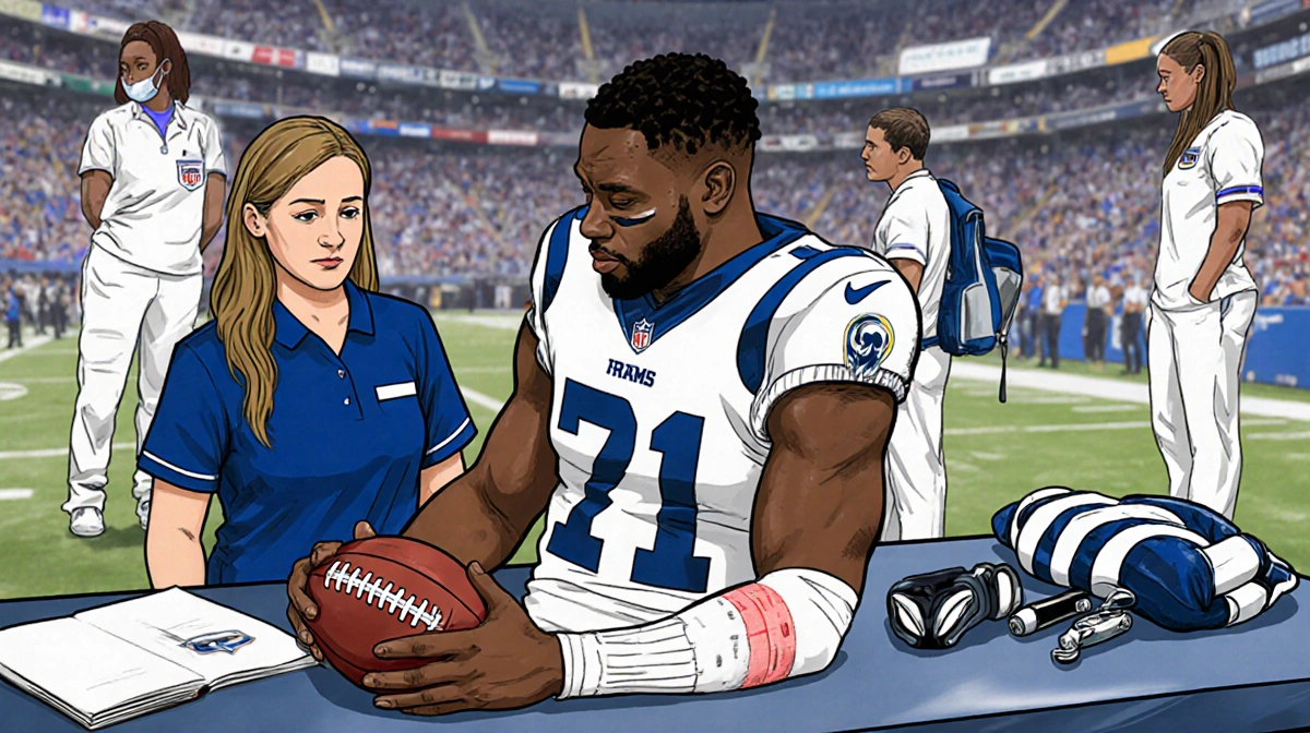 Ahkello Witherspoon sits on medical table with bandaged shoulder and football while medical staff examine his injury