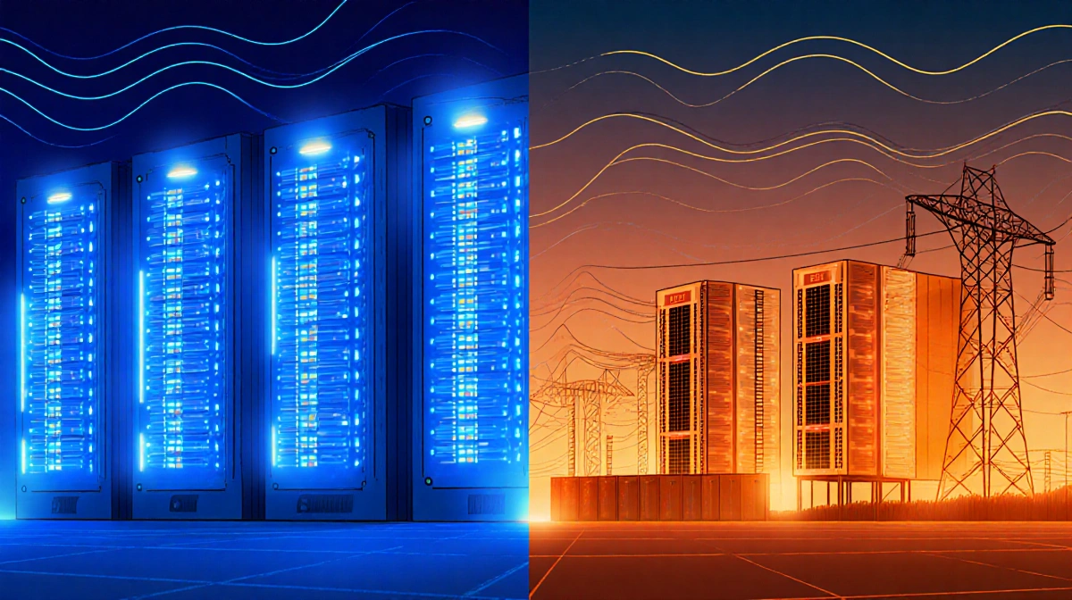 Split screen power grid showing data center with blue lights and Bitcoin mining facility with orange glow