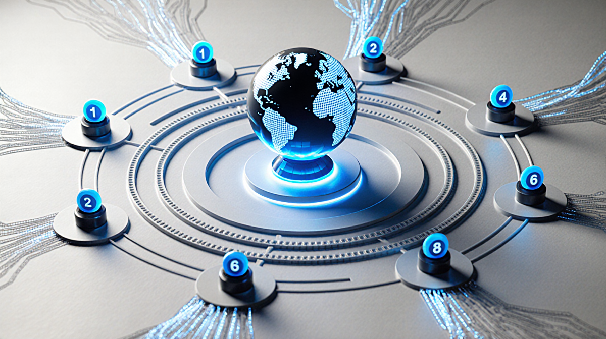 Blockchain framework illustrating AI nodes with concentric rings numbered 1-11 and a globe.