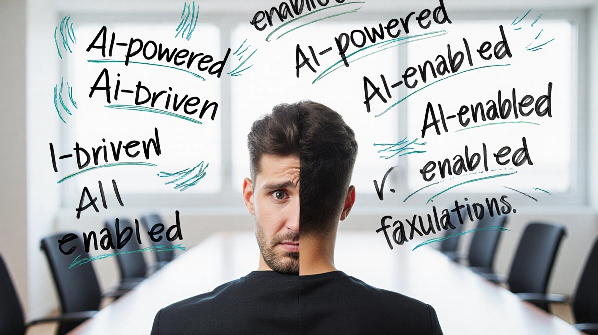 Person sitting at whiteboard covered with repeated AI buzzwords while showing tired frustration in a conference room