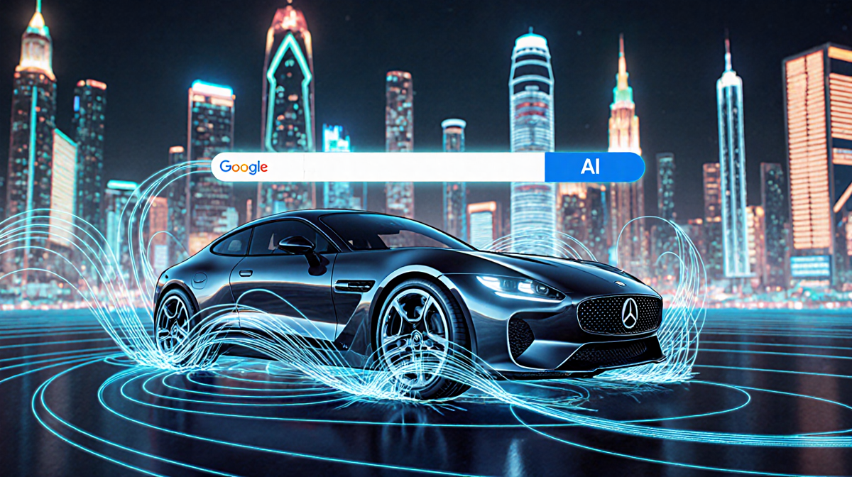 Sleek futuristic car steering through virtual landscape with swirling blue lines and glowing cyberpunk skyscrapers