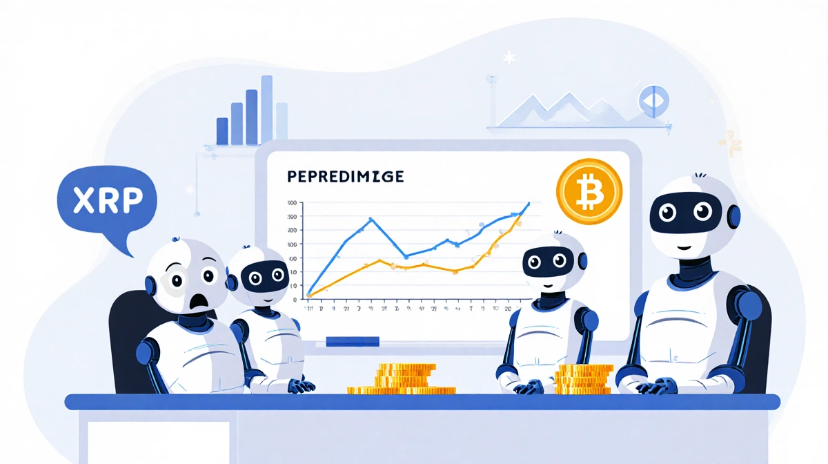 Four cartoon AI bots cheer around a desk with XRP price chart and crypto coins showing bullish prediction