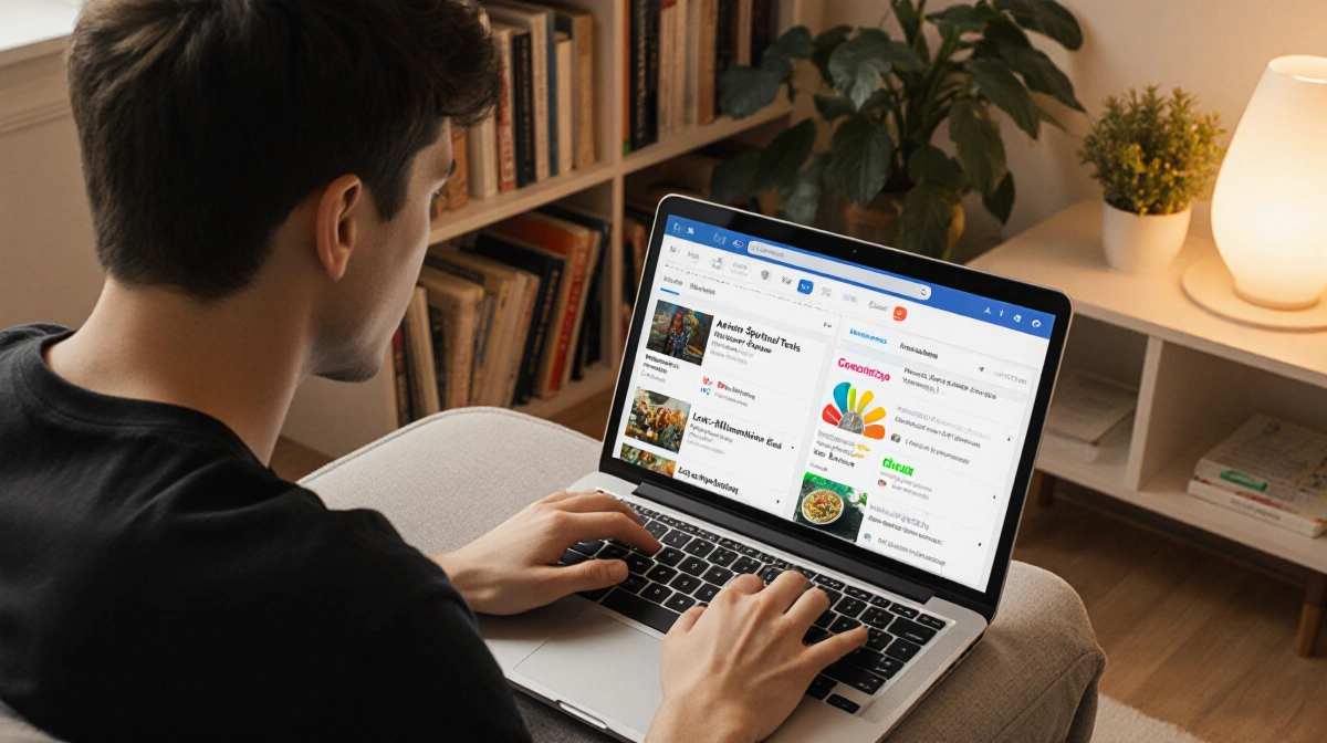 Young adult studies personalized AI curriculum on laptop with colorful tabs showing Ancient Spiritual Texts and plants nearby