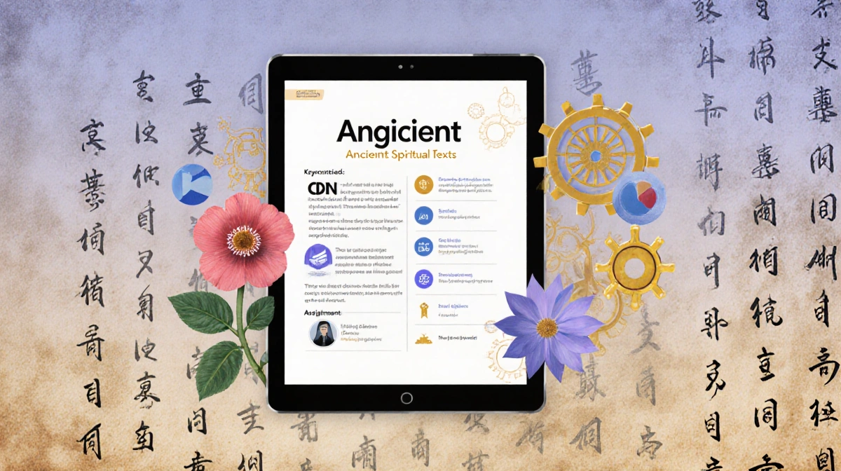 Digital tablet shows AI curriculum for ancient spiritual texts with parchment background and blooming flower metaphors