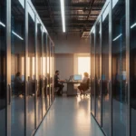 AI professionals working in modern data center with glowing circuit boards and fiber optic cables showing technological innov