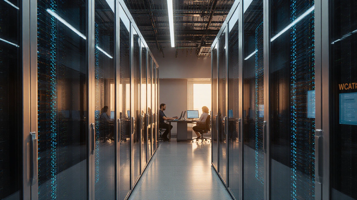 AI professionals working in modern data center with glowing circuit boards and fiber optic cables showing technological innov