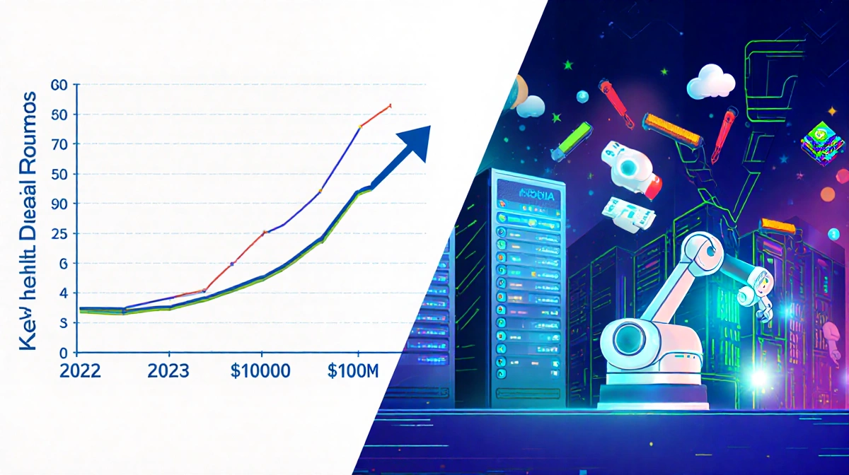 Graph climbing above $100M in AI funding with Nvidia server network and robotic arms illustrating innovation