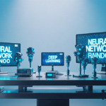 Metallic lab table holding glowing screens with Neural Network and Deep Learning and soft blue light