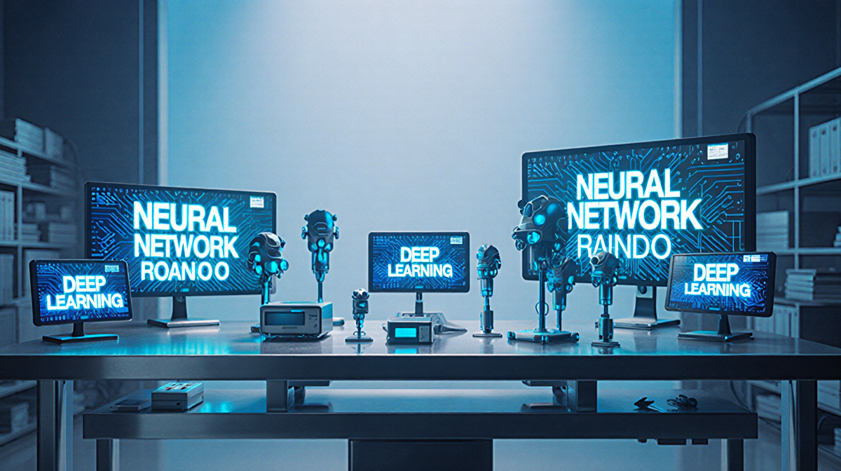 Metallic lab table holding glowing screens with Neural Network and Deep Learning and soft blue light