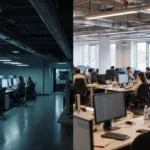 Split screen contrasts dim AI computer lab with empty office desks showing workforce reduction