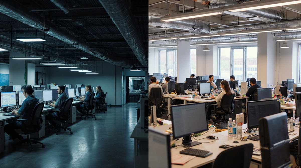 Split screen contrasts dim AI computer lab with empty office desks showing workforce reduction