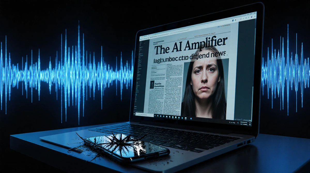 Glowing algorithmic waveform pulses on futuristic computer screen with shattered smartphone and anguished face showing AI con