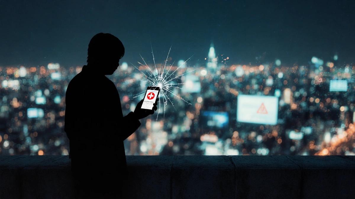 Person stands at city edge with cracked phone showing emergency app and shadowed face looking over glowing skyline