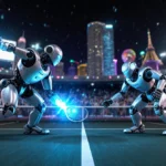 Two futuristic tennis robots rallying on neon court with LED-lit arms and cheering crowds