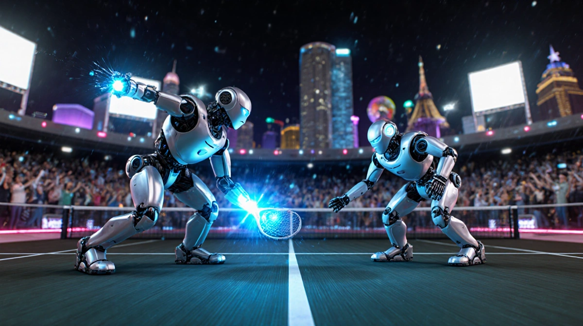 Two futuristic tennis robots rallying on neon court with LED-lit arms and cheering crowds