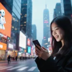 Young woman using smartphone with Qwen AI shopping chatbot on screen and neon storefronts in background