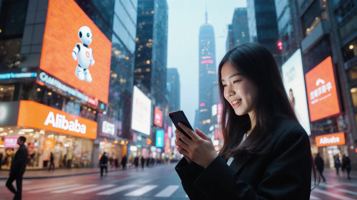 Young woman using smartphone with Qwen AI shopping chatbot on screen and neon storefronts in background