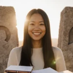 Aiko Bethea smiling warmly with stone towers behind her and books in the foreground